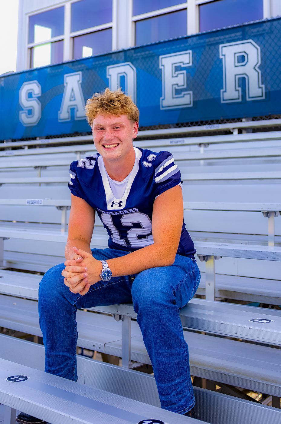 Asher Price, Concordia Lutheran quarterback #12, portrait in the home stands